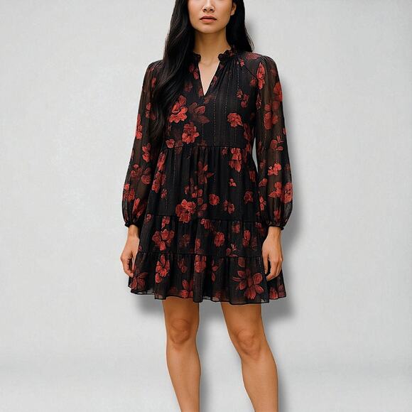 MSK Petite Black Red Floral Tiered Dress Long Sleeve Size PS Mini - Picture 1 of 7